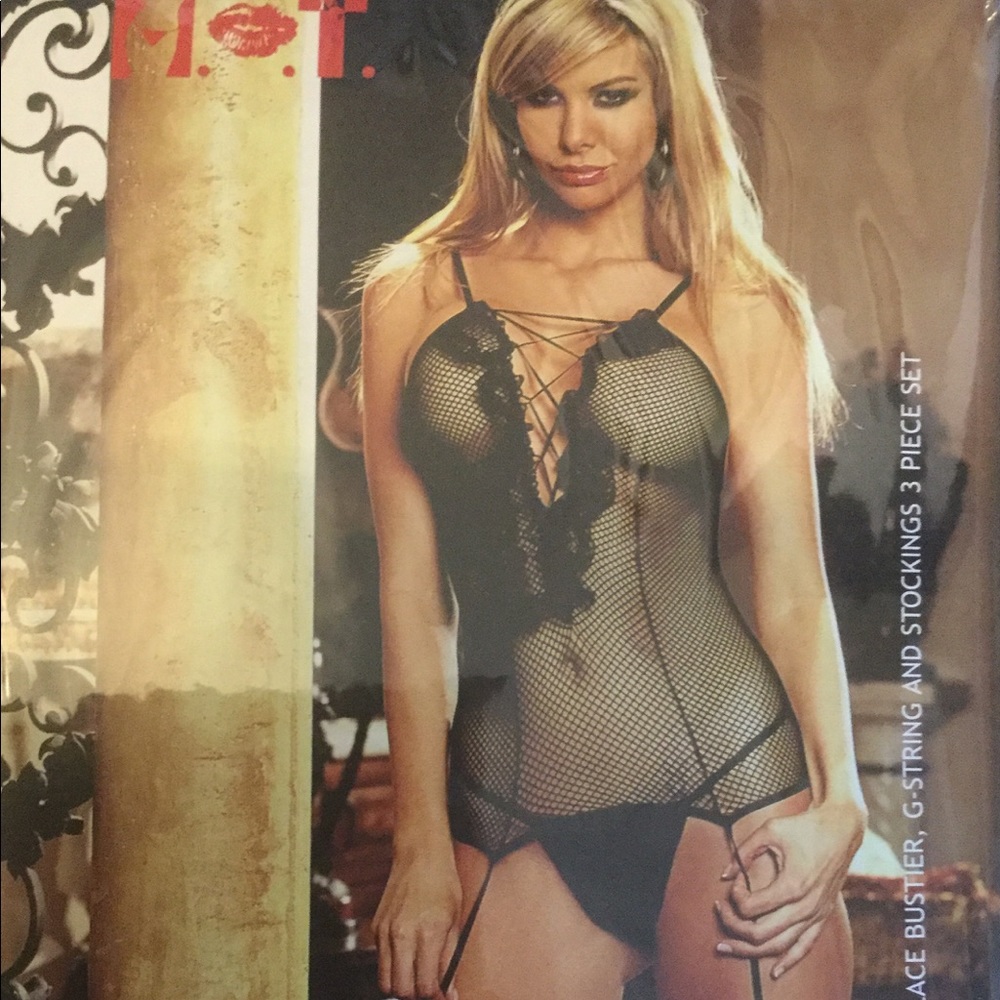 Fishnet and lace bustier set